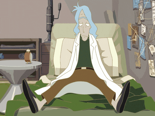 a cartoon drawing of rick from rick and morty laying on a bed