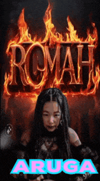 a girl with dreadlocks is standing in front of a sign that says roman aruga