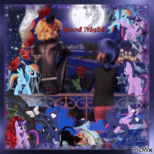 a collage of ponies and a cat with the words good night