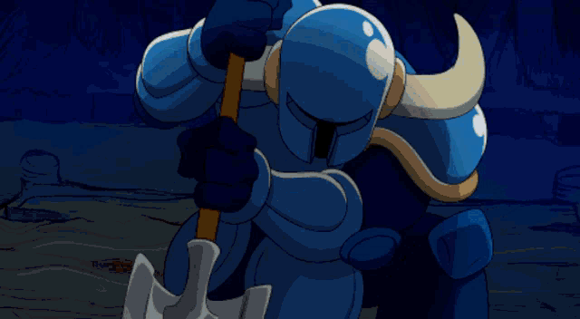 a blue knight with horns is holding a sword
