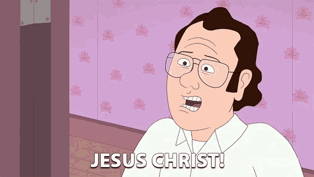 a cartoon of a man with glasses says jesus christ