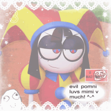 a picture of a cartoon character with the words evil pommi luvs mimi v much on it
