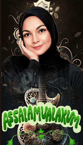 a woman in a hijab with a guitar and the words assalamualaikum on the bottom