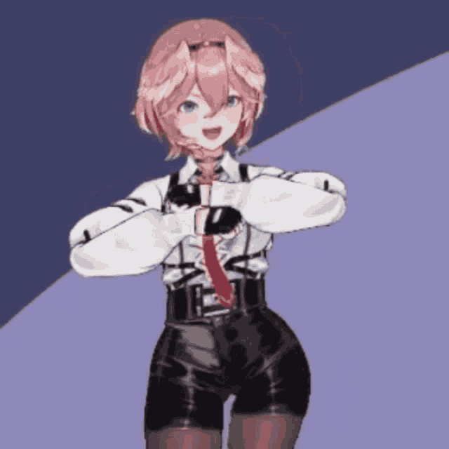a girl with pink hair is wearing shorts and a white shirt