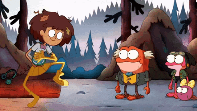 a cartoon of a girl playing a guitar and two frogs standing next to each other