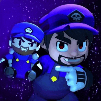 a couple of cartoon characters are standing next to each other and one of them is pointing at the camera .