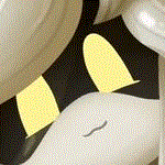 a close up of a cartoon character 's face with a yellow and black stripe .
