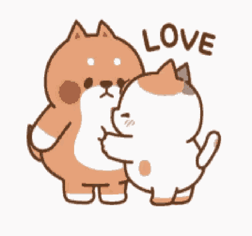 a dog and a cat are hugging each other and the cat is saying love .