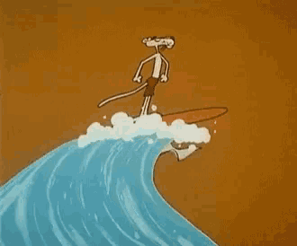 a cartoon of a pink panther surfing a wave