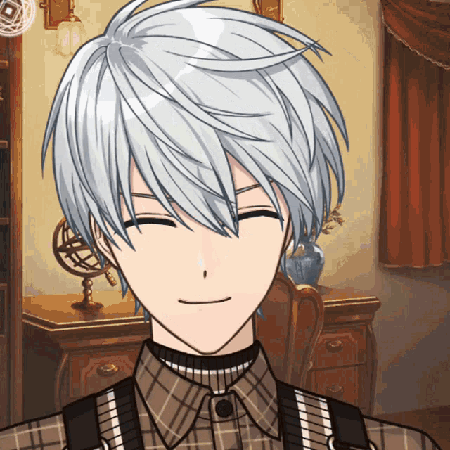 a cartoon character with white hair and a plaid shirt