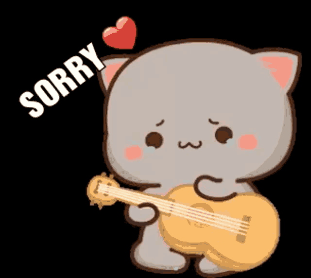 a cartoon cat is holding a guitar and crying while saying sorry .