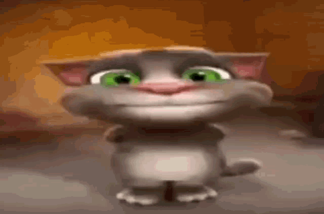 a talking tom cat with green eyes is standing on a table .