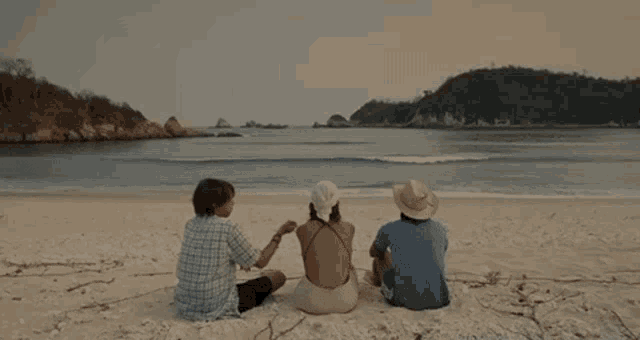 three people are sitting on the beach looking at the water .