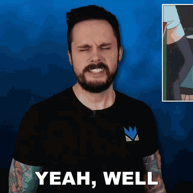 a man with a beard says yeah well in front of a picture