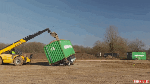 a green container is being lifted by a yellow forklift that says thinkiules on the bottom right