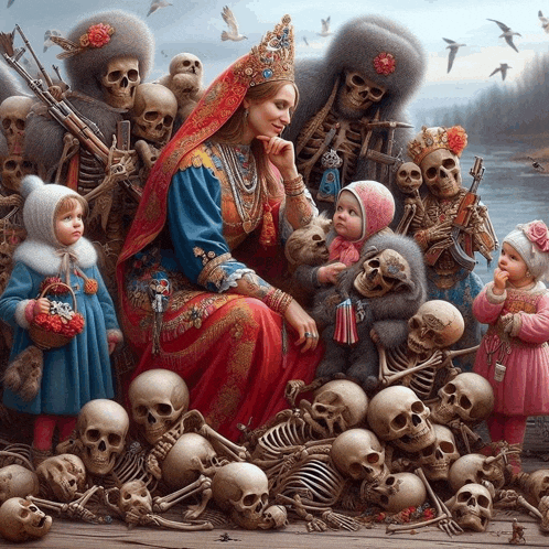 a painting of a woman and children surrounded by skeletons