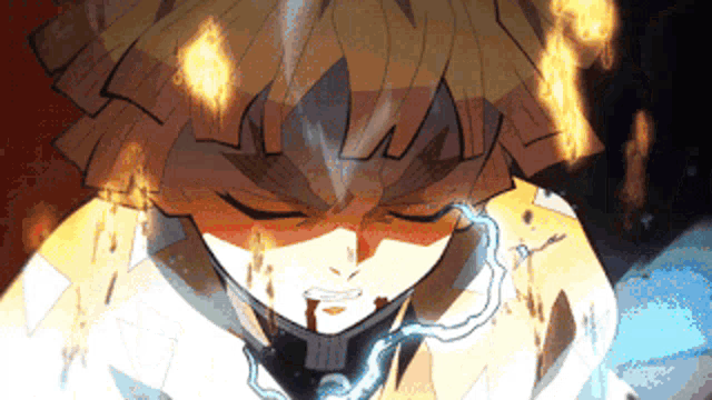 a close up of a person 's face with a lightning bolt coming out of his mouth