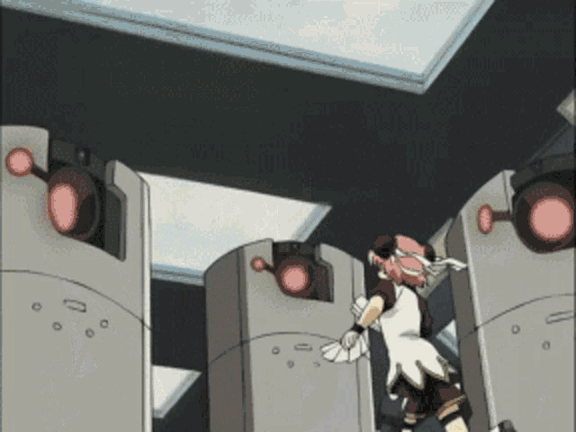a girl with pink hair is standing in front of a row of gray objects with red lights on them