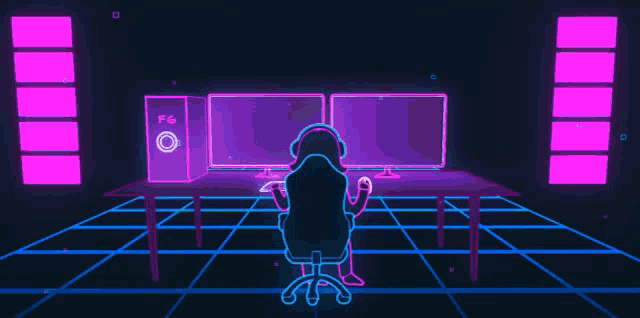 a person is sitting in front of a computer with the letters fg on the front