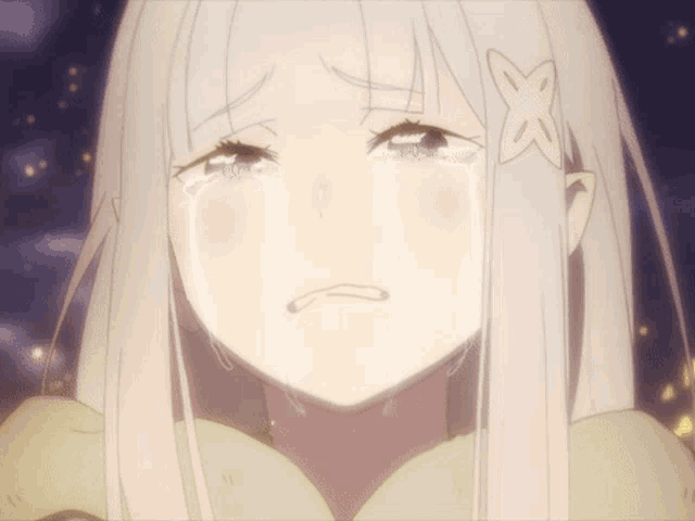 a girl with white hair and a flower on her head is crying