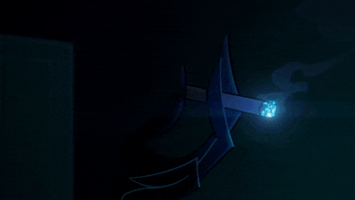 a cartoon character is holding a blue sword in the dark