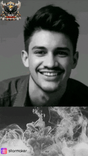 a black and white photo of a smiling man with a starmaker logo on the bottom right