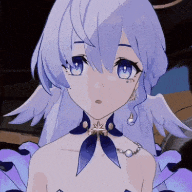 a close up of a anime girl with purple hair and blue eyes wearing a necklace and earrings .
