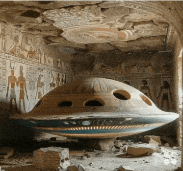 a room with ancient egyptian writing on the walls and a flying saucer in the middle