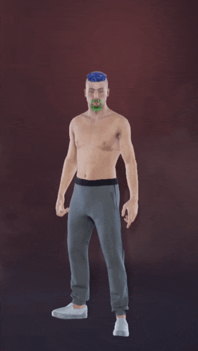 a man without a shirt is standing with his mouth open