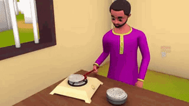 a cartoon of a man cooking food on a stove .