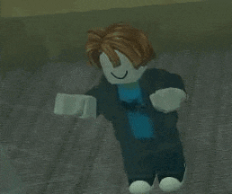 a roblox character is standing on a carpeted floor and smiling .
