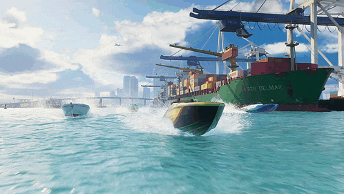 a green cargo ship with the name martin delmar on it