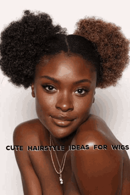 a woman with curly hair is wearing a necklace with the words cute hairstyle ideas for wigs below her