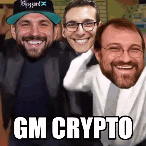 a picture of three men with gm crypto written on it