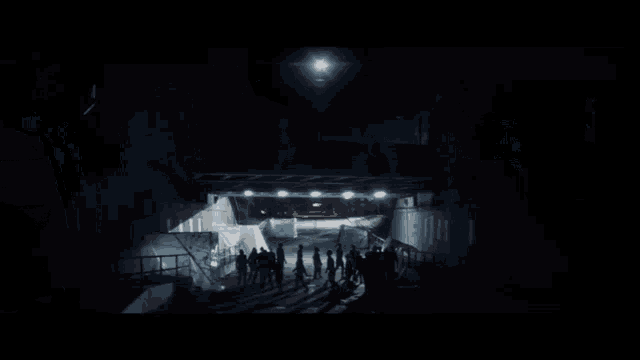 a group of people walking in a dark room
