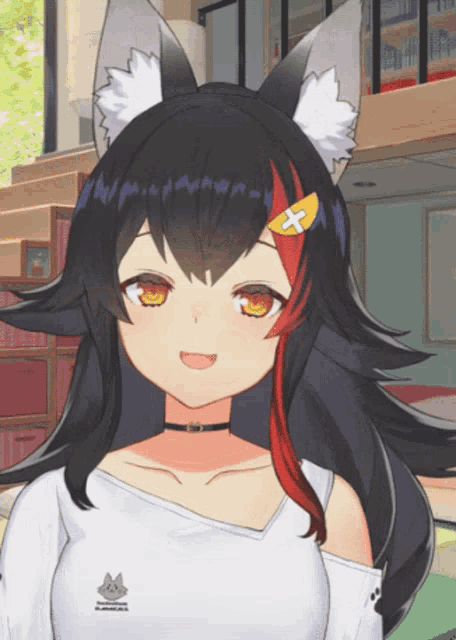a close up of a anime girl with a cat on her shoulder