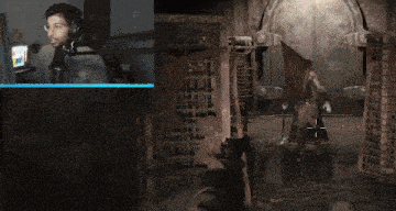 a man is playing a video game with a pyramid head in the background