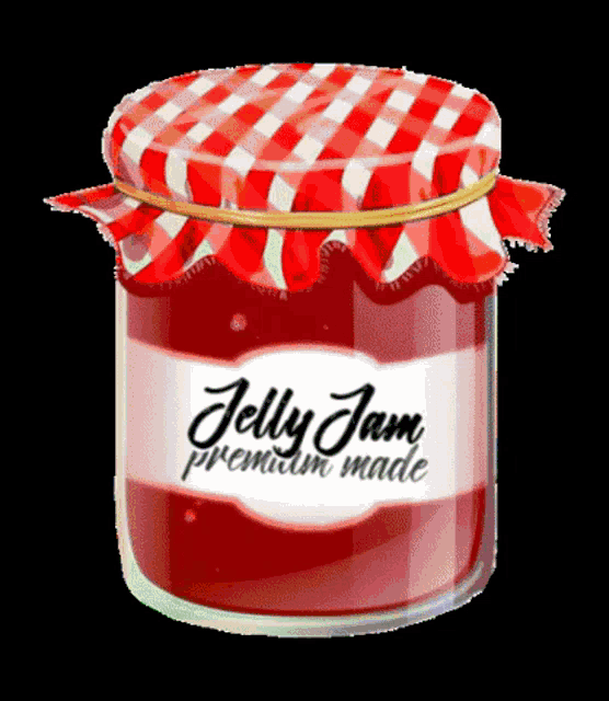 a jar of jelly jam premium made with a red and white checkered lid