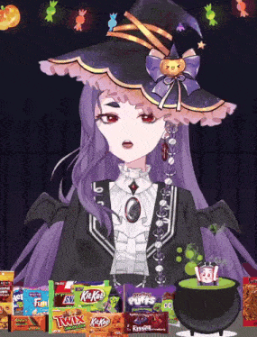 a witch is surrounded by candy including kitkat
