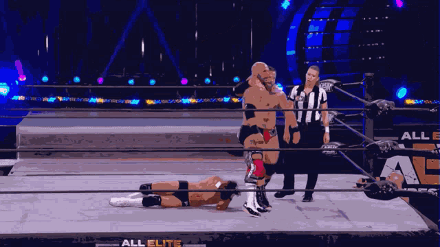 two wrestlers in a ring with all elite written on the bottom