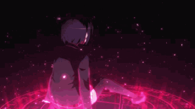 a girl with glasses is sitting in a circle with red lights