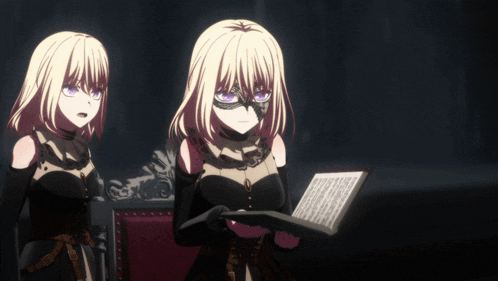 a girl with purple eyes is reading a book next to another girl with blonde hair