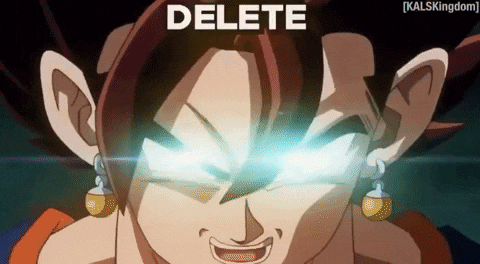 a close up of a cartoon character 's face with the words delete written above it