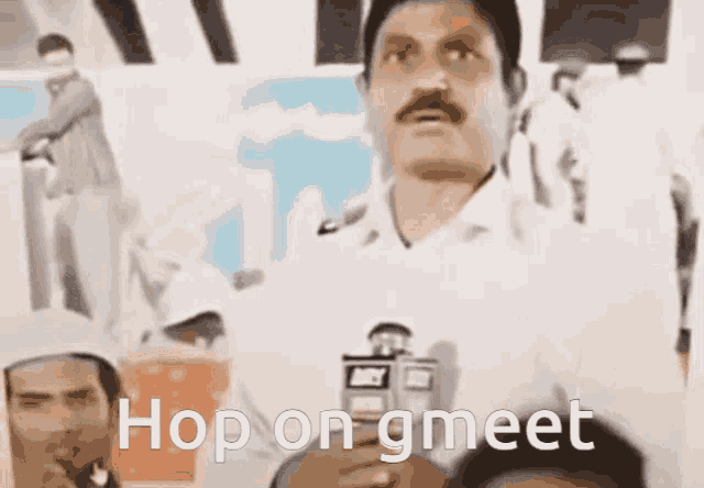 a man with a mustache says hop on gmeet in a blurry photo