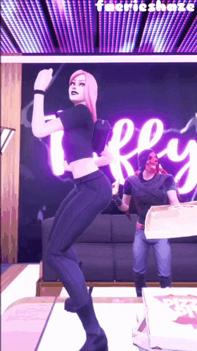 a video game character is dancing in front of a pizza box that says pizza hut
