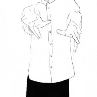 a black and white drawing of a man in a white shirt and black skirt making a hand gesture .