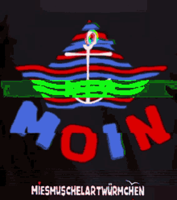 a red and white striped boat with an anchor and the word moin below it