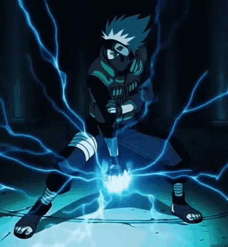 a man in a mask is surrounded by lightning bolts while holding a sword .