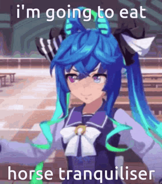 a cartoon girl with blue hair and ears is going to eat horse tranquiliser .