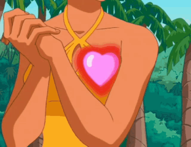 a cartoon character with a pink heart on her chest
